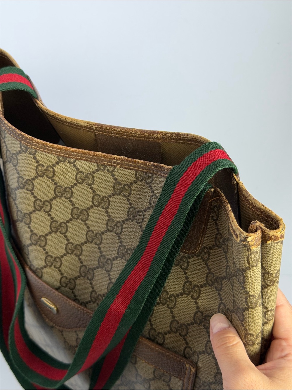 Gucci GG Supreme Monogram Canvas Tote Bag Sherry Web Stripe Handles - Picture 9 of 16